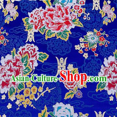 Asian Chinese Traditional Fabric Tang Suit Royalblue Brocade Silk Material Classical Peony Pattern Design Satin Drapery