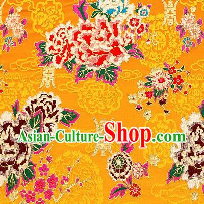 Asian Chinese Traditional Fabric Tang Suit Yellow Brocade Silk Material Classical Peony Pattern Design Satin Drapery