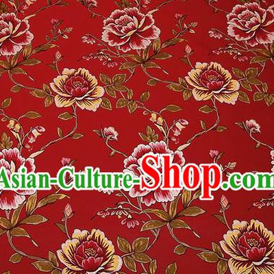 Traditional Chinese Red Satin Brocade Drapery Classical Embroidery Peony Pattern Design Cushion Silk Fabric Material