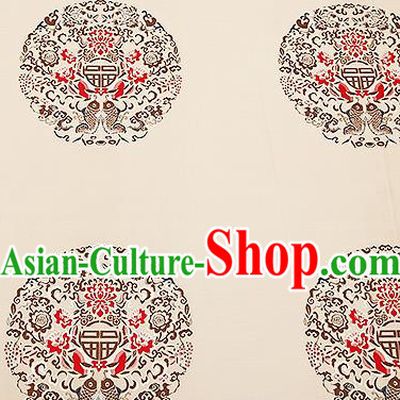 Traditional Chinese Beige Satin Brocade Drapery Classical Embroidery Fishes Lotus Pattern Design Cushion Silk Fabric Material