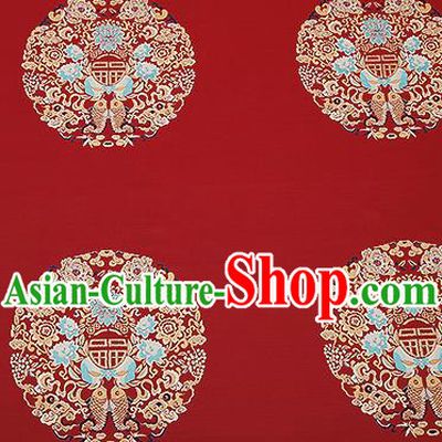 Traditional Chinese Red Satin Brocade Drapery Classical Embroidery Fishes Lotus Pattern Design Cushion Silk Fabric Material