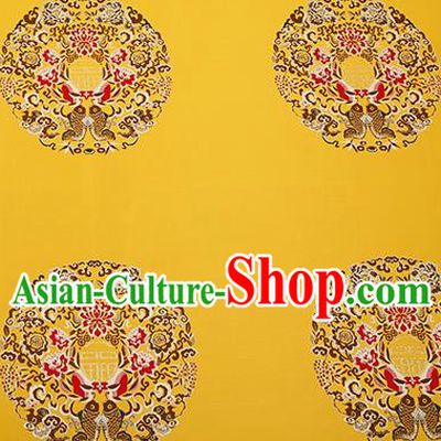 Traditional Chinese Yellow Satin Brocade Drapery Classical Embroidery Fishes Lotus Pattern Design Cushion Silk Fabric Material