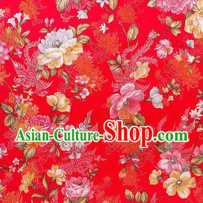 Traditional Chinese Classical Red Satin Brocade Drapery Chrysanthemum Peony Pattern Design Qipao Dress Silk Fabric Material