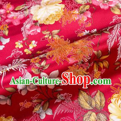 Traditional Chinese Classical Wine Red Satin Brocade Drapery Chrysanthemum Peony Pattern Design Qipao Dress Silk Fabric Material