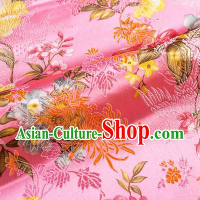 Traditional Chinese Classical Pink Satin Brocade Drapery Chrysanthemum Peony Pattern Design Qipao Dress Silk Fabric Material