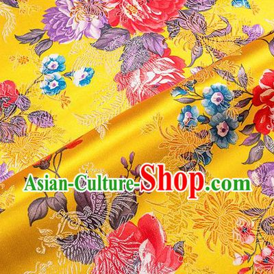 Traditional Chinese Classical Yellow Satin Brocade Drapery Chrysanthemum Peony Pattern Design Qipao Dress Silk Fabric Material