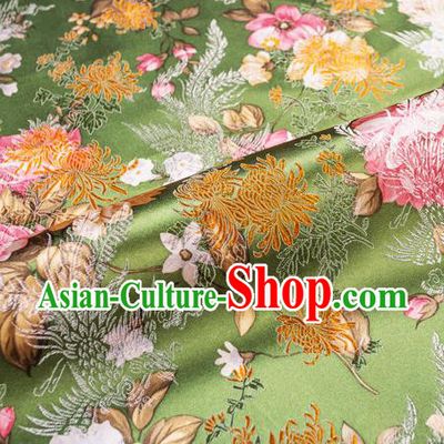 Traditional Chinese Classical Green Satin Brocade Drapery Chrysanthemum Peony Pattern Design Qipao Dress Silk Fabric Material