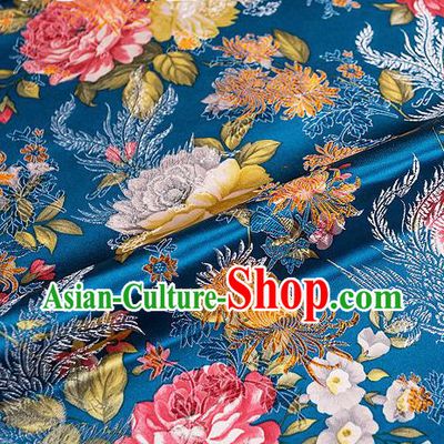Traditional Chinese Classical Blue Satin Brocade Drapery Chrysanthemum Peony Pattern Design Qipao Dress Silk Fabric Material