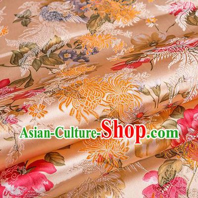Traditional Chinese Classical Light Golden Satin Brocade Drapery Chrysanthemum Peony Pattern Design Qipao Dress Silk Fabric Material
