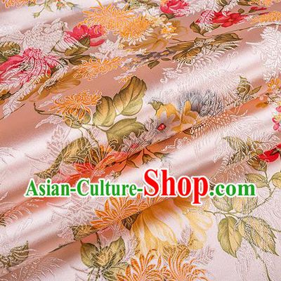 Traditional Chinese Classical Light Pink Satin Brocade Drapery Chrysanthemum Peony Pattern Design Qipao Dress Silk Fabric Material