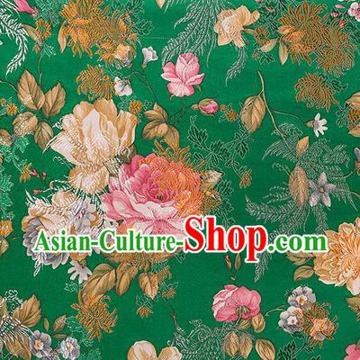 Traditional Chinese Classical Deep Green Satin Brocade Drapery Chrysanthemum Peony Pattern Design Qipao Dress Silk Fabric Material