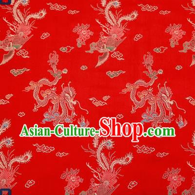 Traditional Chinese Classical Red Satin Brocade Drapery Dragon Phoenix Pattern Design Qipao Dress Silk Fabric Material