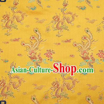 Traditional Chinese Classical Golden Satin Brocade Drapery Dragon Phoenix Pattern Design Qipao Dress Silk Fabric Material