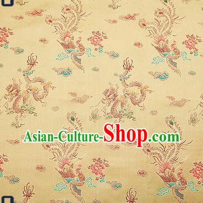 Traditional Chinese Classical Light Golden Satin Brocade Drapery Dragon Phoenix Pattern Design Qipao Dress Silk Fabric Material