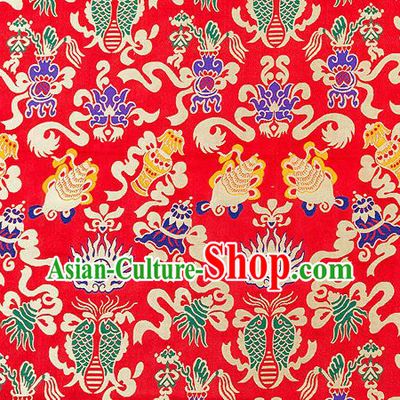 Traditional Chinese Red Nanjing Brocade Drapery Classical Fishes Pattern Design Satin Qipao Dress Silk Fabric Material