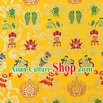 Traditional Chinese Yellow Nanjing Brocade Drapery Classical Fishes Pattern Design Satin Qipao Dress Silk Fabric Material