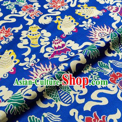 Traditional Chinese Royalblue Nanjing Brocade Drapery Classical Fishes Pattern Design Satin Qipao Dress Silk Fabric Material