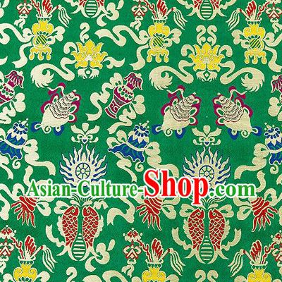 Traditional Chinese Green Nanjing Brocade Drapery Classical Fishes Pattern Design Satin Qipao Dress Silk Fabric Material