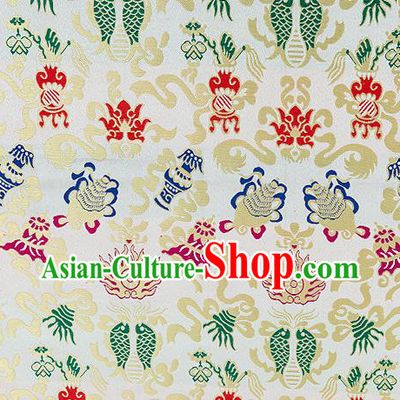 Traditional Chinese White Nanjing Brocade Drapery Classical Fishes Pattern Design Satin Qipao Dress Silk Fabric Material