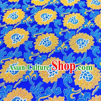 Traditional Chinese Blue Brocade Drapery Classical Lotus Pattern Design Satin Tang Suit Silk Fabric Material