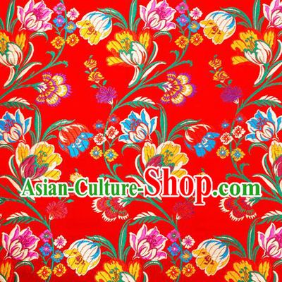 Asian Chinese Traditional Fabric Red Brocade Silk Material Classical Tulipa Pattern Design Satin Drapery