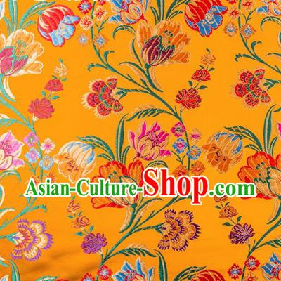 Asian Chinese Traditional Fabric Yellow Brocade Silk Material Classical Tulipa Pattern Design Satin Drapery