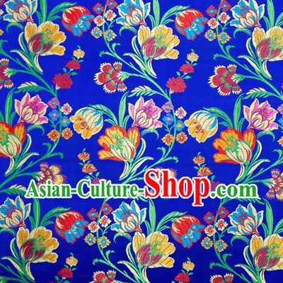Asian Chinese Traditional Fabric Royalblue Brocade Silk Material Classical Tulipa Pattern Design Satin Drapery