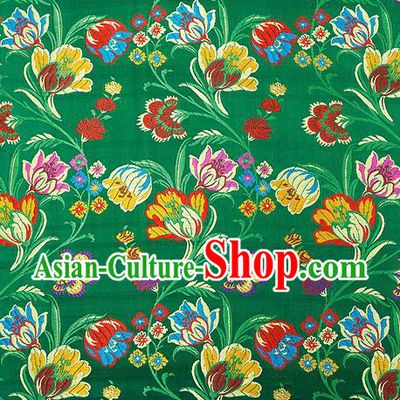 Asian Chinese Traditional Fabric Green Brocade Silk Material Classical Tulipa Pattern Design Satin Drapery