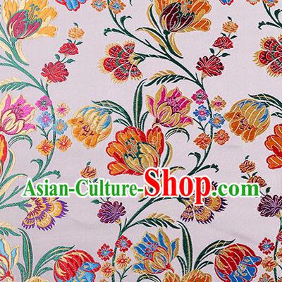 Asian Chinese Traditional Fabric White Brocade Silk Material Classical Tulipa Pattern Design Satin Drapery