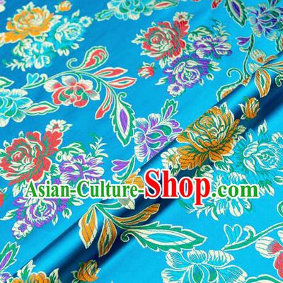 Traditional Chinese Tang Suit Silk Fabric Blue Brocade Material Classical Peony Pattern Design Satin Drapery
