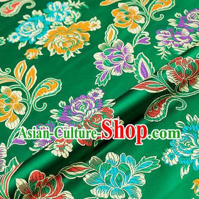 Traditional Chinese Tang Suit Silk Fabric Green Brocade Material Classical Peony Pattern Design Satin Drapery