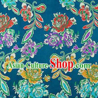 Traditional Chinese Tang Suit Silk Fabric Lake Blue Brocade Material Classical Peony Pattern Design Satin Drapery