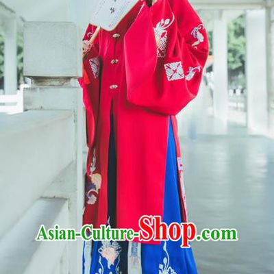 Chinese Ancient Ming Dynasty Princess Costumes Embroidered Red Hanfu Dress for Rich Women