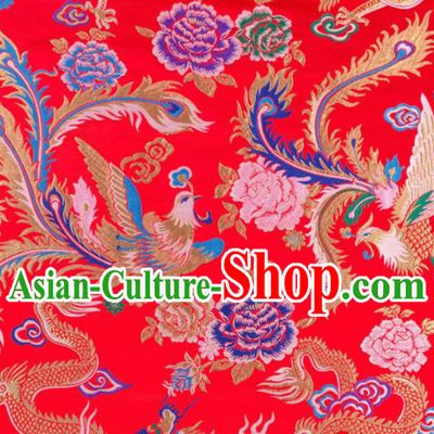 Asian Chinese Traditional Red Satin Fabric Tang Suit Brocade Silk Material Classical Phoenix Peony Pattern Design Drapery