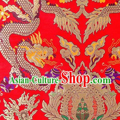 Asian Chinese Traditional Red Satin Fabric Tang Suit Nanjing Brocade Silk Material Classical Double Dragons Pattern Design Drapery
