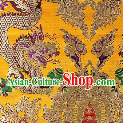 Asian Chinese Traditional Yellow Satin Fabric Tang Suit Nanjing Brocade Silk Material Classical Double Dragons Pattern Design Drapery
