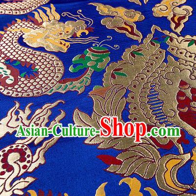 Asian Chinese Traditional Royalblue Satin Fabric Tang Suit Nanjing Brocade Silk Material Classical Double Dragons Pattern Design Drapery