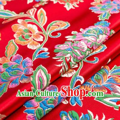 Asian Chinese Traditional Satin Fabric Tang Suit Red Nanjing Brocade Silk Material Classical Peony Pattern Design Drapery