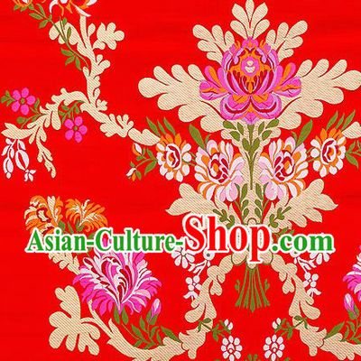 Asian Chinese Traditional Satin Fabric Tang Suit Red Brocade Silk Material Classical Peony Pattern Design Drapery