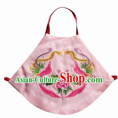 Chinese Classical Pink Brocade Bellyband Traditional Baby Embroidered Double Phoenix Stomachers for Kids