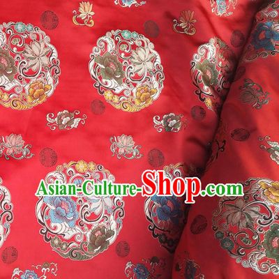 Asian Chinese Traditional Fabric Tang Suit Red Brocade Silk Material Classical Lotus Pattern Design Satin Drapery