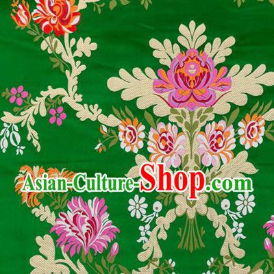 Asian Chinese Traditional Satin Fabric Tang Suit Green Brocade Silk Material Classical Peony Pattern Design Drapery