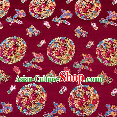 Asian Chinese Traditional Satin Fabric Tang Suit Wine Red Brocade Silk Material Classical Clouds Dragons Pattern Design Drapery