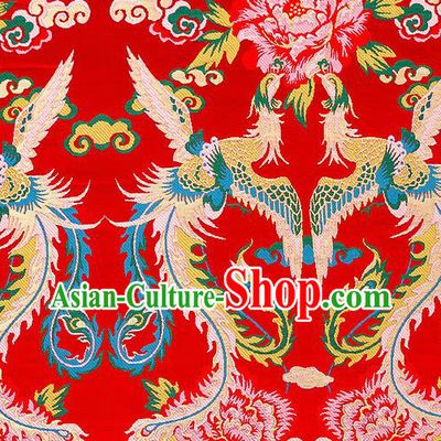 Asian Chinese Traditional Red Satin Fabric Tang Suit Brocade Silk Material Classical Phoenix Peony Pattern Design Drapery