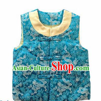 Chinese Classical Blue Brocade Vest Traditional Baby Embroidered Cotton-Padded Waistcoat for Kids