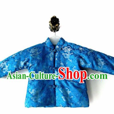 Chinese Classical Blue Brocade Blouse Traditional Baby Embroidered Cotton-Padded Jacket for Kids