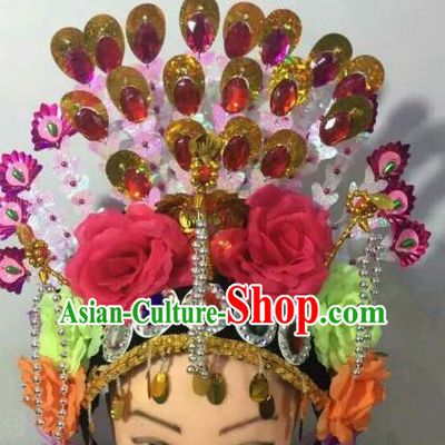 Chinese Traditional Folk Dance Red Peony Hair Accessories Ancient Peking Opera Diva Headwear for Women