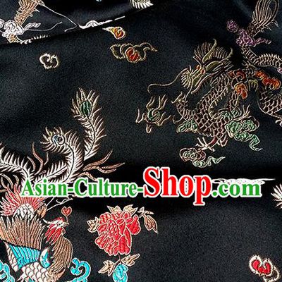 Asian Chinese Traditional Fabric Black Satin Brocade Silk Material Classical Dragon Phoenix Pattern Design Satin Drapery