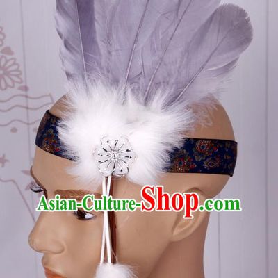 Halloween Catwalks Apache Chief Grey Feather Hair Accessories Cosplay Primitive Tribe Feather Hat for Adults