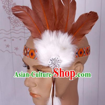 Halloween Catwalks Apache Chief Brown Feather Hair Accessories Cosplay Primitive Tribe Feather Hat for Adults